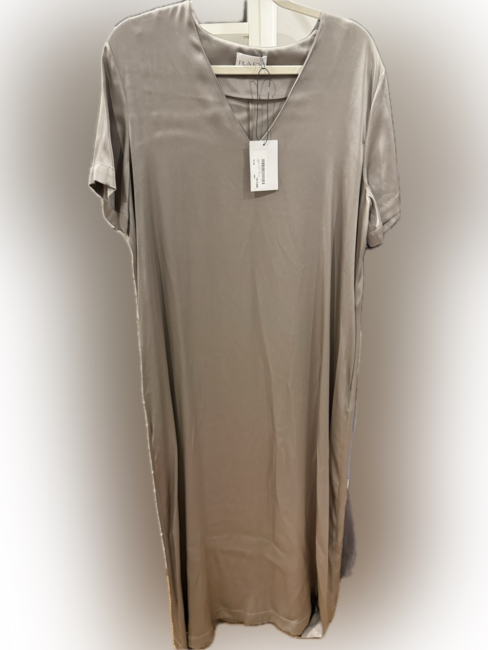 Rae + Grace Taupe Silky V-Neck Women's Dress